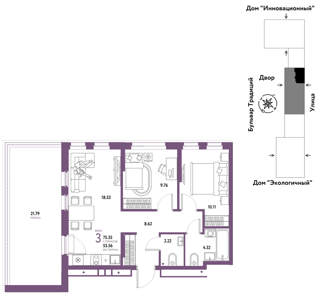 Планировка 3-комн. квартира, 75.35 м² ЖК «Микрорайон Домашний»