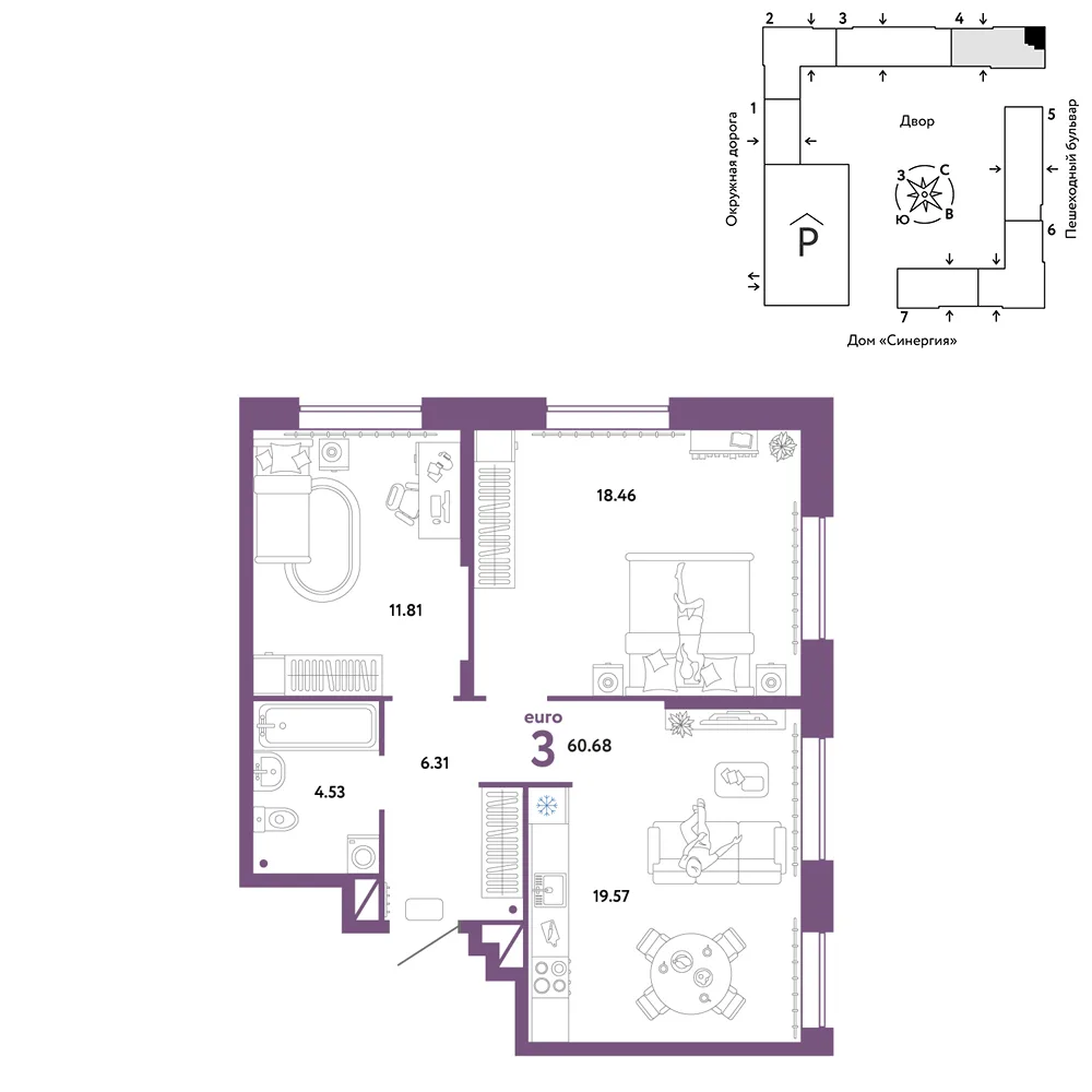 Планировка 3-комн. квартира, 60.68 м² ЖК «Юнион»