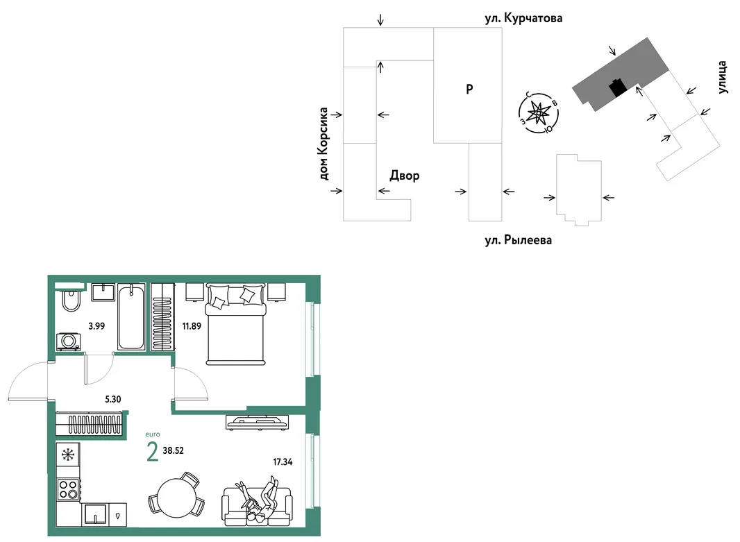 Планировка 2-комн. квартира, 38.7 м² ЖК «Остров-сад»
