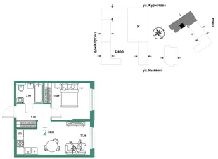 Планировка 2-комн. квартира, 38.7 м² ЖК «Остров-сад»