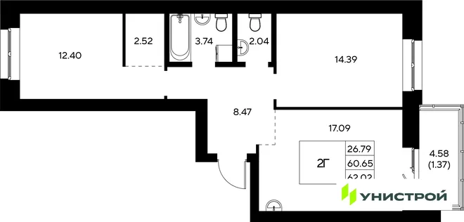Планировка 2-комн. квартира, 62.02 м² ЖК «Царёво City»