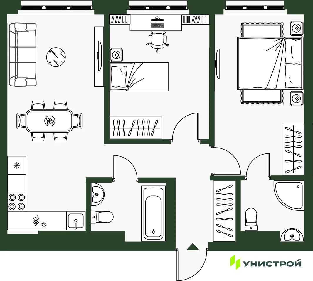 Планировка 2-комн. квартира, 55.77 м² ЖК «Парковый квартал 2.0»