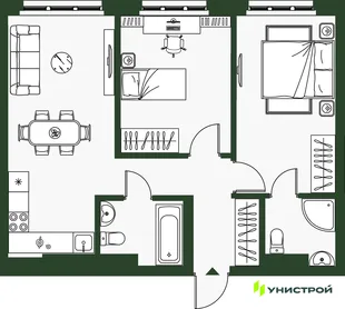 Планировка 2-комн. квартира, 55.77 м² ЖК «Парковый квартал 2.0»