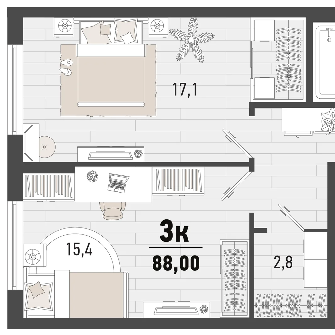 Планировка 3-комн. квартира, 87.6 м² ЖК «Барса»
