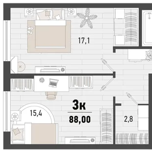 Планировка 3-комн. квартира, 87.6 м² ЖК «Барса»