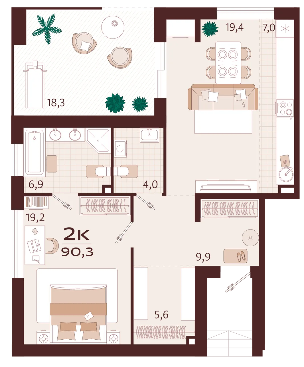 Планировка 2-комн. квартира, 90.3 м² ЖК «Роялта»