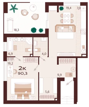 Планировка 2-комн. квартира, 90.3 м² ЖК «Роялта»