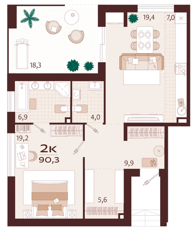 Планировка 2-комн. квартира, 90.3 м² ЖК «Роялта» Планировка 2-комн. квартира, 90.3 м² ЖК «Роялта»