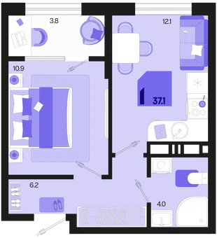 Планировка 1-комн. квартира, 37.1 м² ЖК «Первое место»