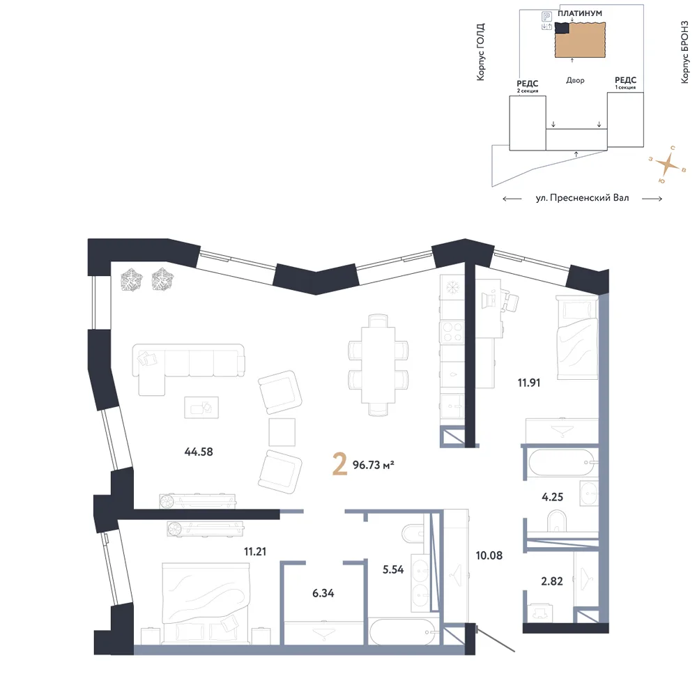 Планировка 2-комн. квартира, 96.73 м² ЖК «Репаблик»