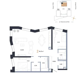 Планировка 2-комн. квартира, 96.73 м² ЖК «Репаблик»