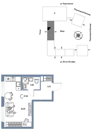 Планировка Студия, 27.3 м² ЖК «Сердце Сибири»