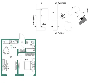 Планировка 2-комн. квартира, 38.75 м² ЖК «Остров-сад»