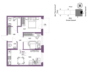 Планировка 3-комн. квартира, 58.67 м² ЖК «Микрорайон Домашний»