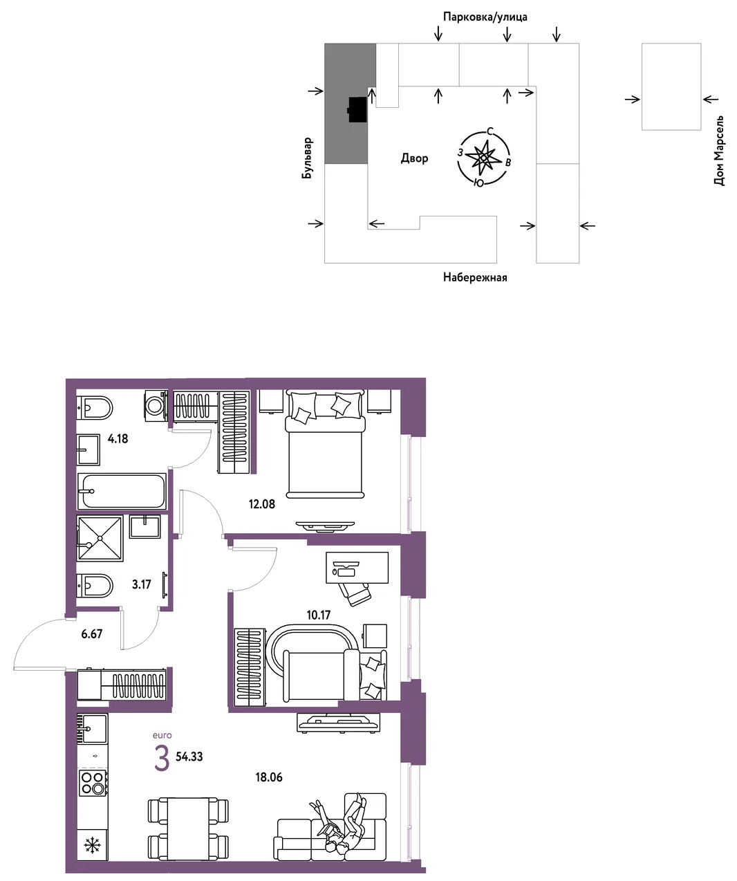 Планировка 3-комн. квартира, 54.33 м² ЖК «Европейский берег 2.0»