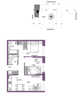 Планировка 3-комн. квартира, 54.33 м² ЖК «Европейский берег 2.0»