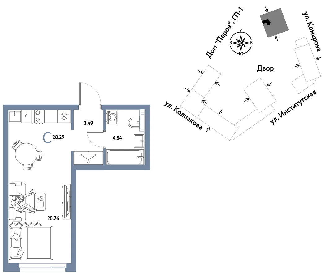 Планировка Студия, 28.29 м² ЖК «Страна.Парковая»