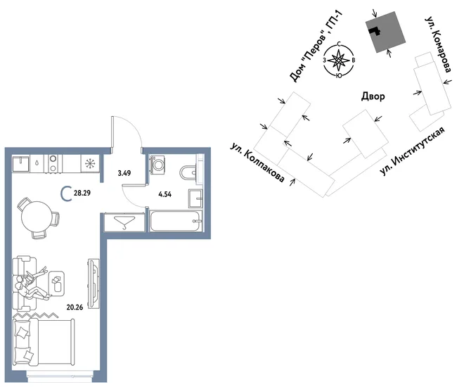 Планировка Студия, 28.29 м² ЖК «Страна.Парковая»