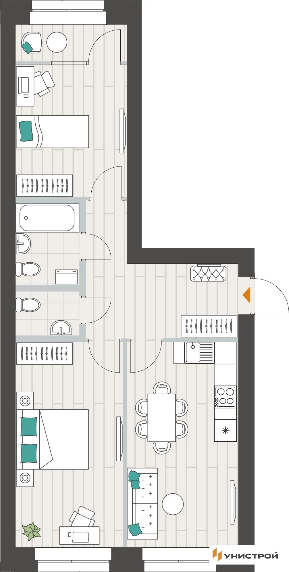 Планировка 2-комн. квартира, 62.44 м² ЖК «Аквамарин»