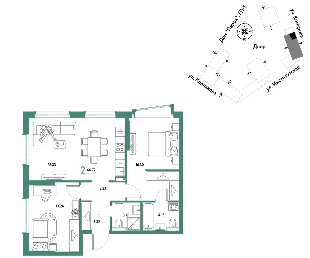 Планировка 2-комн. квартира, 66.72 м² ЖК «Страна.Парковая»