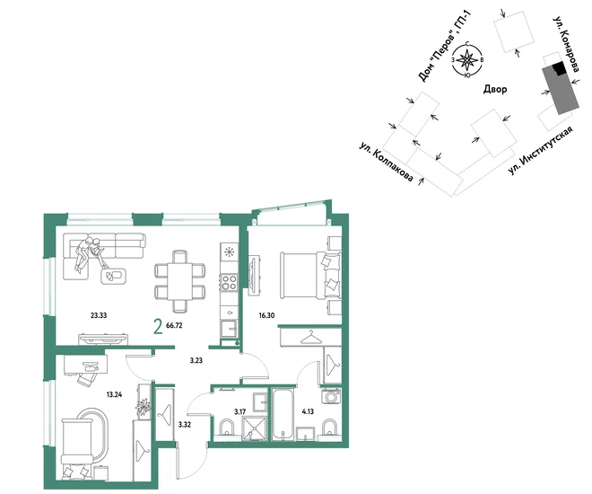 Планировка 2-комн. квартира, 66.72 м² ЖК «Страна.Парковая» Планировка 2-комн. квартира, 66.72 м² ЖК «Страна.Парковая»