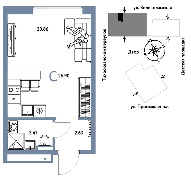 Планировка Студия, 26.9 м² ЖК «Страна Прибрежная»