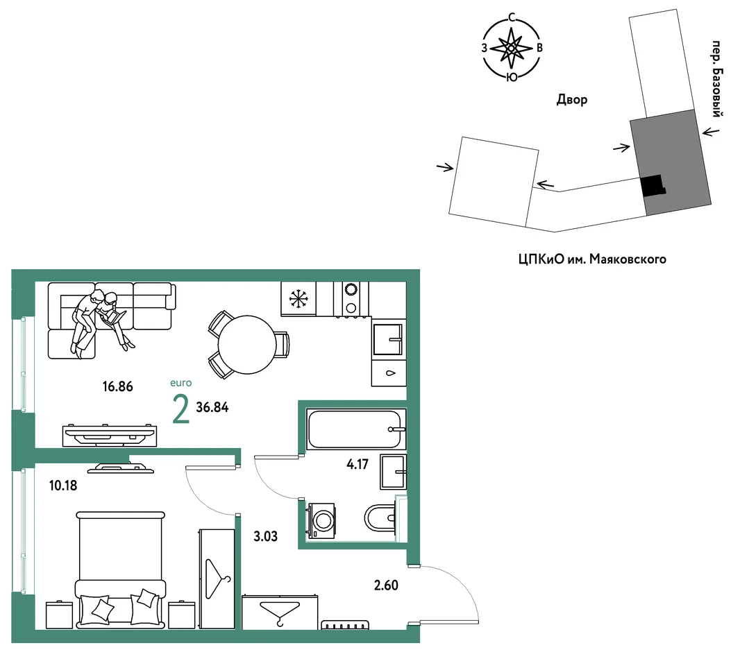 Планировка 2-комн. квартира, 36.84 м² ЖК «Сибирский сад»