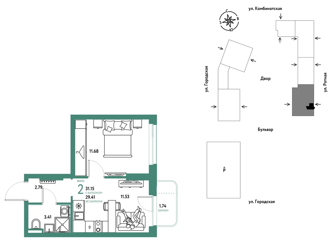 Планировка 2-комн. квартира, 31.15 м² ЖК «Уральский сад»