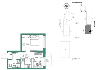 Планировка 2-комн. квартира, 31.15 м² ЖК «Уральский сад»
