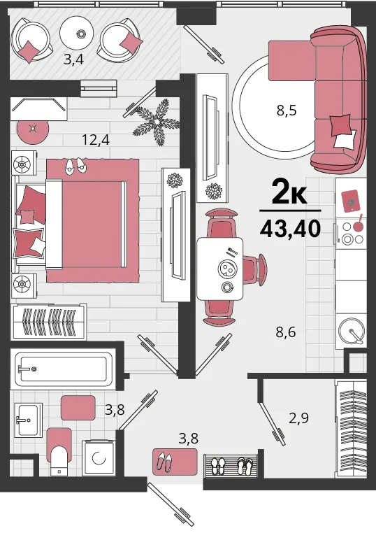 Планировка 2-комн. квартира, 43.4 м² ЖК «Родные просторы»
