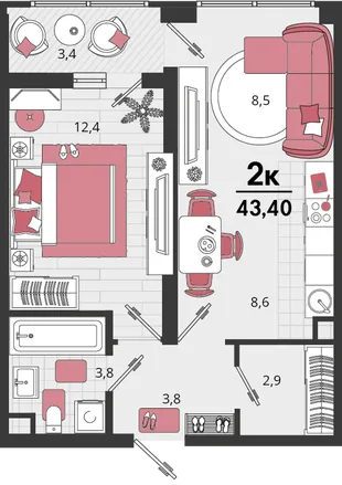 Планировка 2-комн. квартира, 43.4 м² ЖК «Родные просторы»