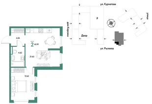 Планировка 2-комн. квартира, 42.91 м² ЖК «Остров-сад»