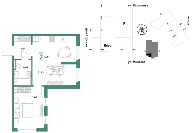 Планировка 2-комн. квартира, 42.91 м² ЖК «Остров-сад» Планировка 2-комн. квартира, 42.91 м² ЖК «Остров-сад»