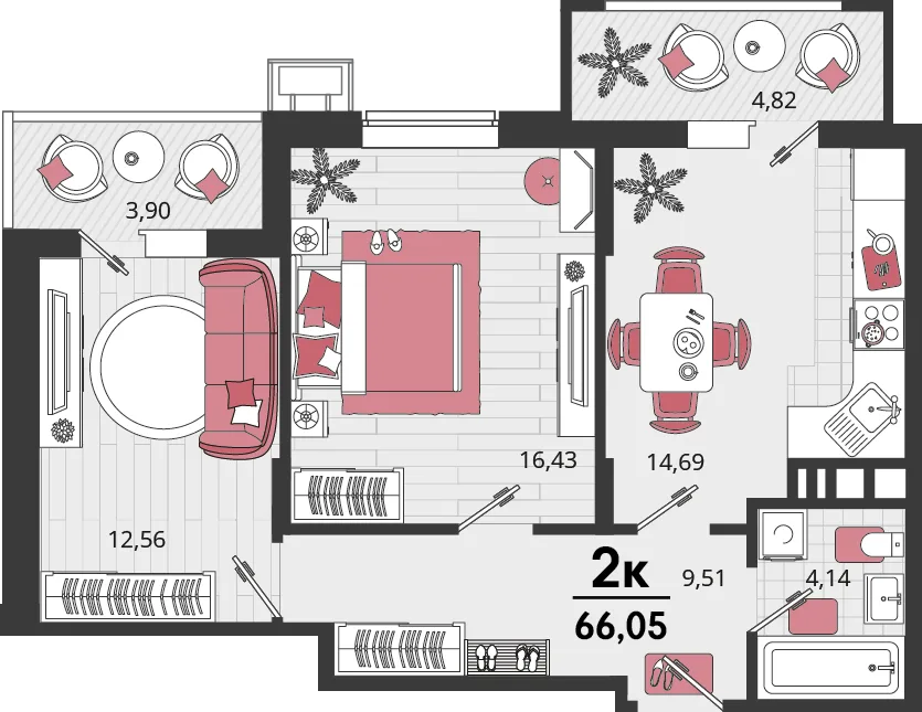 Планировка 2-комн. квартира, 66.05 м² ЖК «Родные просторы»