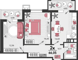 Планировка 2-комн. квартира, 66.05 м² ЖК «Родные просторы»