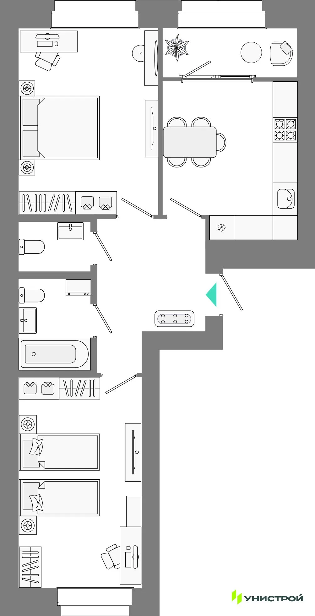 Планировка 2-комн. квартира, 58.07 м² ЖК «Лето»