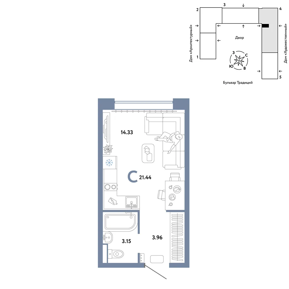 Планировка Студия, 21.44 м² ЖК «Микрорайон Домашний»