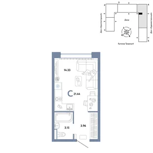 Планировка Студия, 21.44 м² ЖК «Микрорайон Домашний»