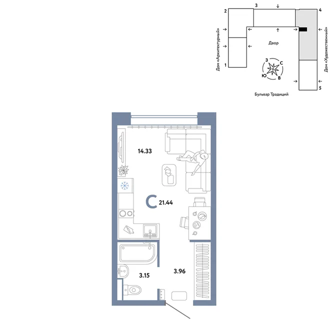 Планировка Студия, 21.44 м² ЖК «Микрорайон Домашний»
