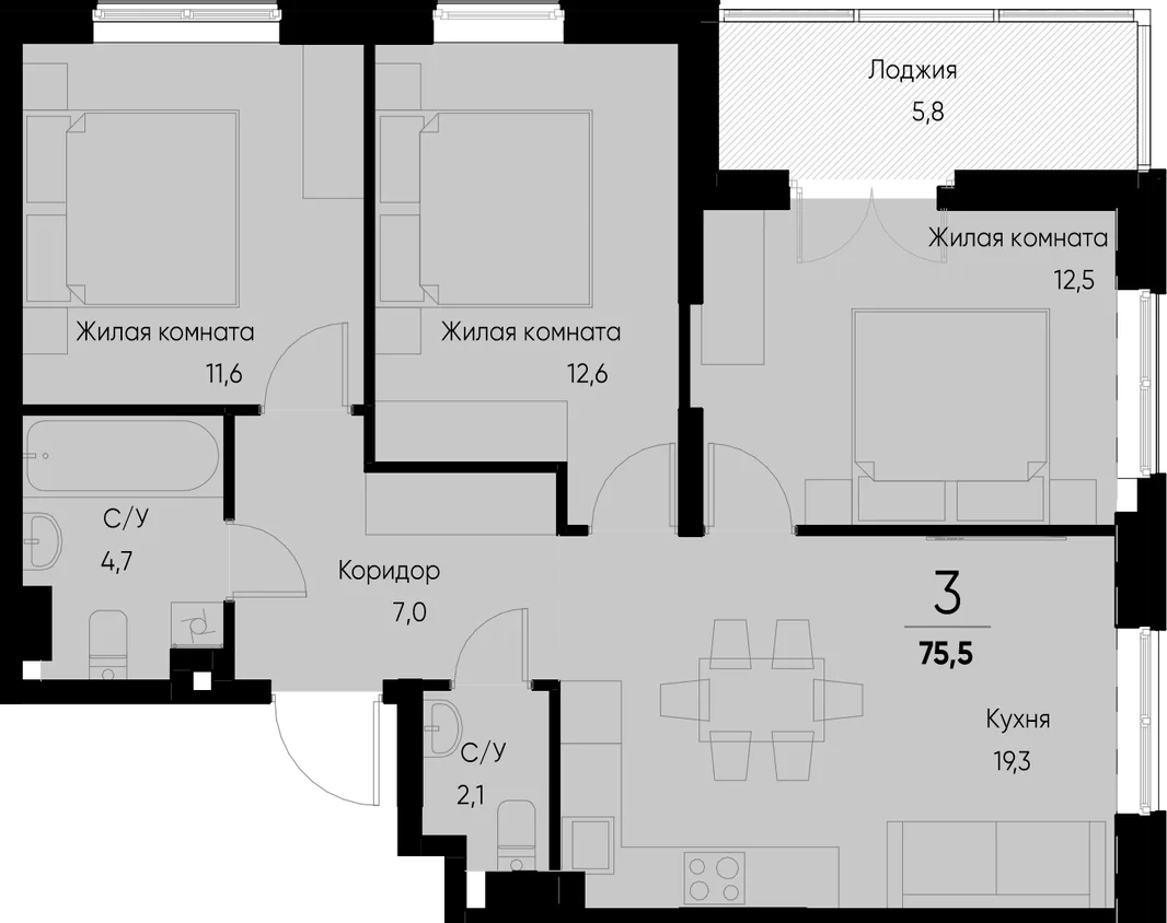 Планировка 3-комн. квартира, 75.3 м² ЖК «Васильевский остров»