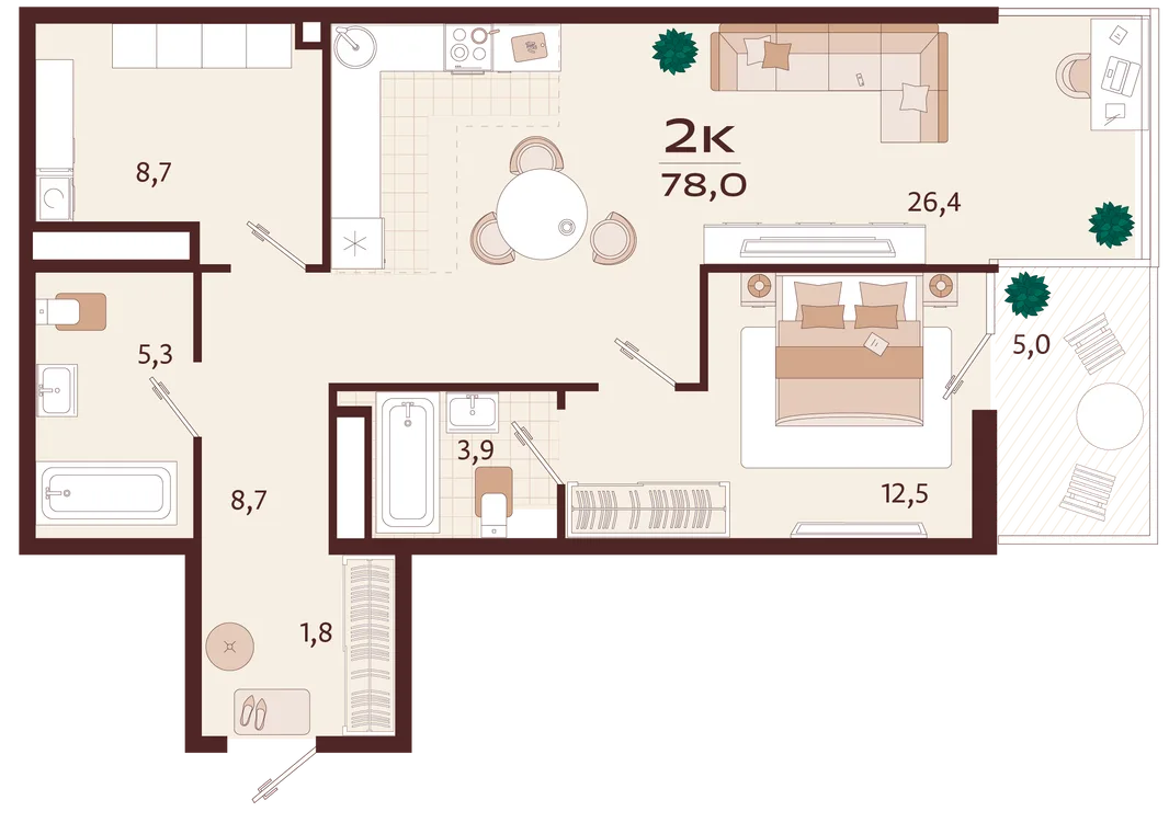 Планировка 2-комн. квартира, 78 м² ЖК «Роялта»