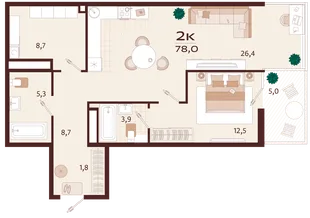 Планировка 2-комн. квартира, 78 м² ЖК «Роялта»