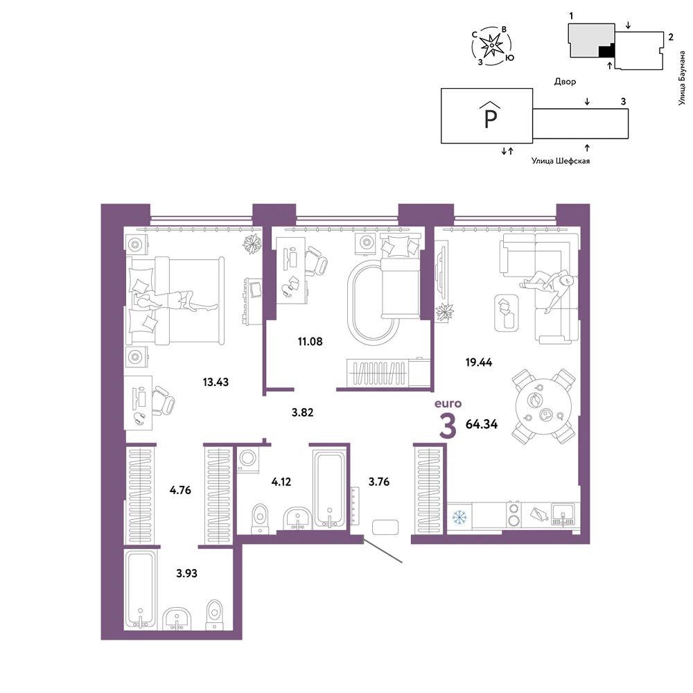 Планировка 3-комн. квартира, 64.34 м² ЖК «Страна.Энтузиастов»
