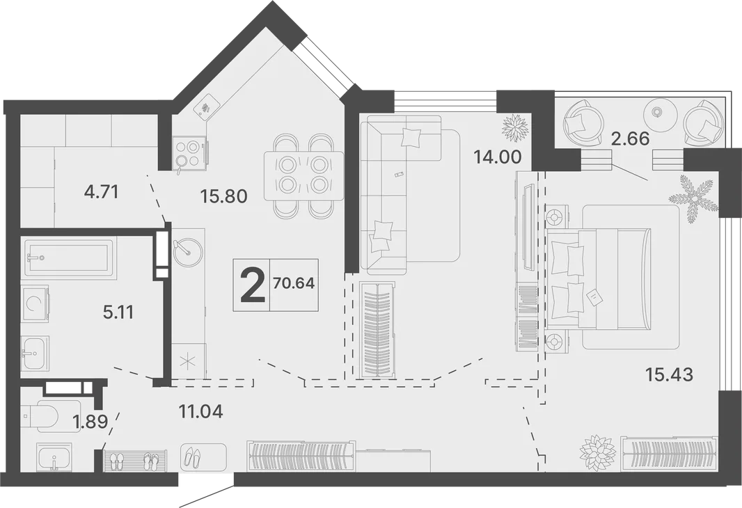 Планировка 2-комн. квартира, 70.64 м² ЖК «Светский лес»