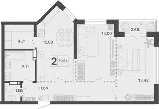 Планировка 2-комн. квартира, 70.64 м² ЖК «Светский лес»
