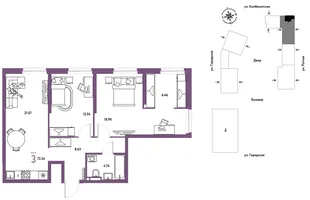 Планировка 3-комн. квартира, 72.34 м² ЖК «Уральский сад»