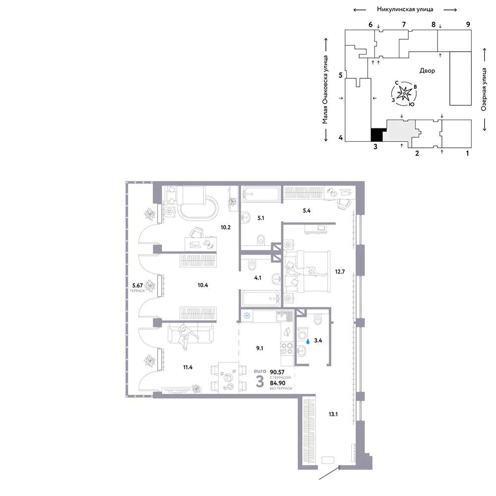 Планировка 3-комн. квартира, 90.57 м² ЖК «Страна.Озёрная»