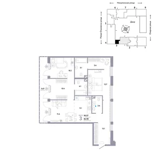 Планировка 3-комн. квартира, 90.57 м² ЖК «Страна.Озёрная»