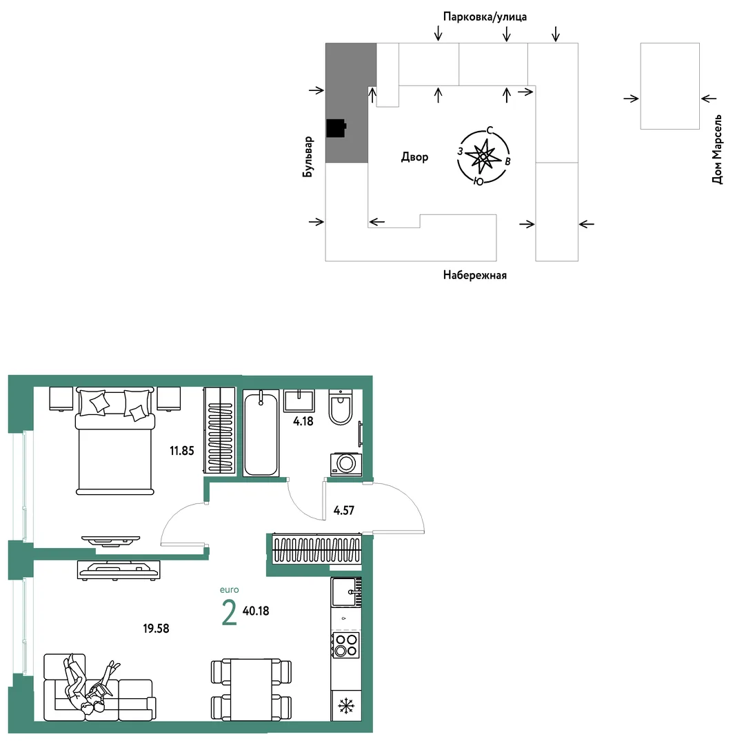 Планировка 2-комн. квартира, 40.18 м² ЖК «Европейский берег 2.0»