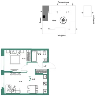Планировка 2-комн. квартира, 40.18 м² ЖК «Европейский берег 2.0»